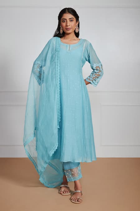 Label Mansi Nagdev Blue Chanderi Pearls, Embroidery, Mirrors Keyhole Neck Nazreen Sleeve Kurta Set 