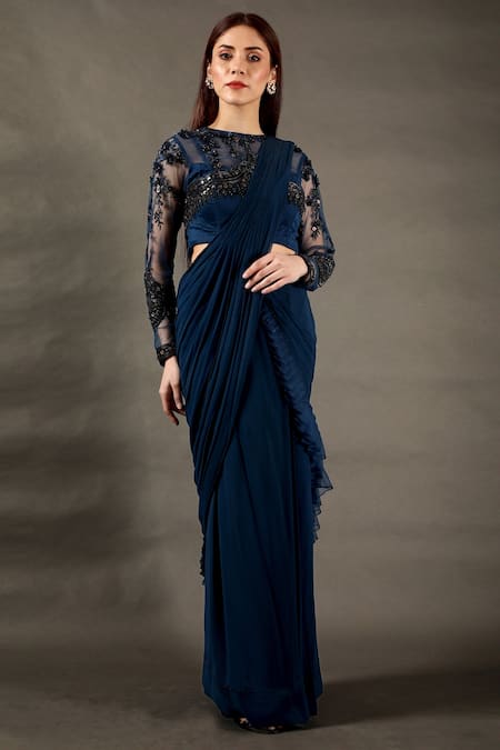 Buy Blue Blouse Net With Satin Lining Pre-draped Georgette Saree For ...