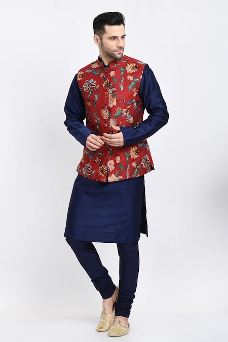 Samant Chauhan Blue Vegan Leather Embroidery Reversible Mandarin Collar Bundi And Kurta Set