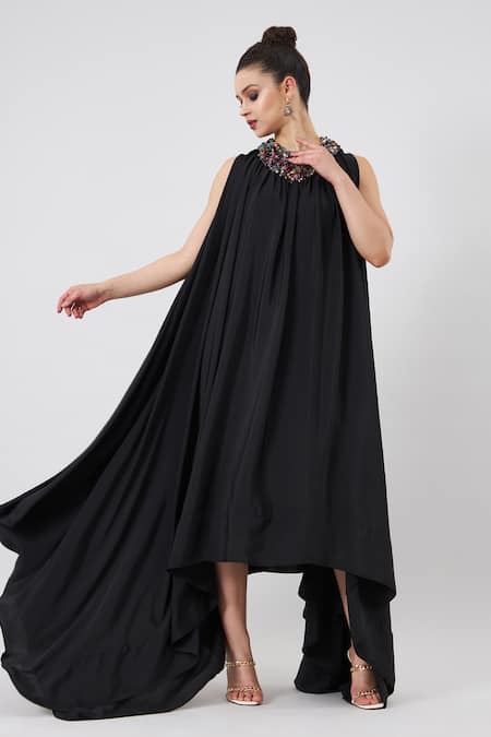 Aakaar Black Moss Crepe Plain Crystal Round Handkerchief Hemline Lounge Dress 