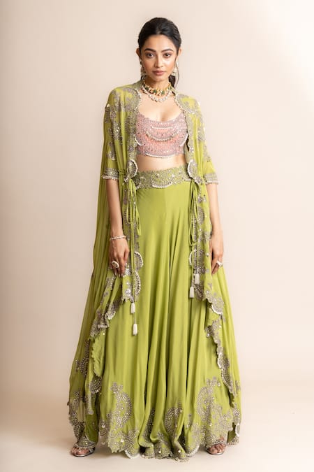 Nupur Kanoi Green Cape- Georgette Embroidery Mirror Work U And Circular Pant Set  