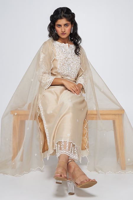 Asaga Beige Chanderi, Muslin, Organza Embroidery V-neck Zoey Floral Kurta Set