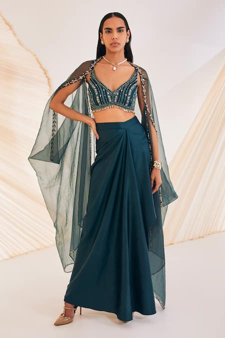 Divya Aggarwal Vivien Hand Embroidered Sheer Cape Skirt Set 