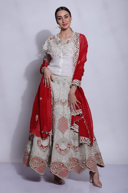 Sonali Gupta White Silk, Viscose Embroidery, Beads, Sequins Round Hand Blouse Lehenga Set 