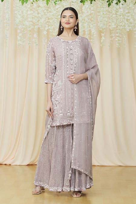 Buy_Samyukta Singhania_Pink Viscose, Georgette Pearls, Sequins, Embroidery Round Pleated Sharara Set _at_Aza_Fashions