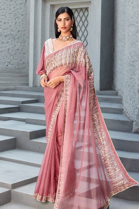 Baby Pink Organza Saree With Heavy Embroidery Work & Piping Border –  Sareewave