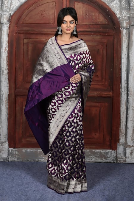 Naaritva India Purple Kota Doria Zari Floral Jaal Handwoven Banarasi Saree With Running Blouse 