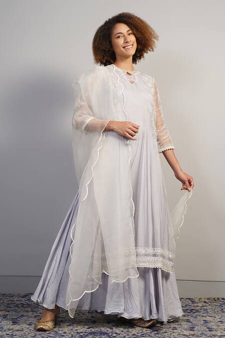 Shop Samant Chauhan Grey Cotton Silk Embroidered Aari Round Organza Kurta With Dress Online at Aza Fashions Shop_Samant Chauhan_Grey Cotton Silk Embroidered Aari Round Organza Kurta With Dress _Online_at_Aza_Fashions
