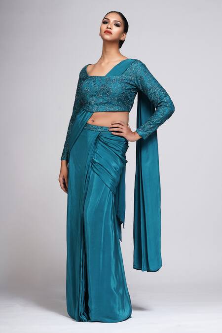 Shruti S Green Crepe, Silk, Georgette Sequins, Embroidery Pre-stitched Saree With Top