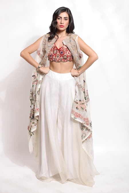Sonali Gupta Off White Silk Hand Embroidered Zari Cape  Round Mughal Palazzo Set  