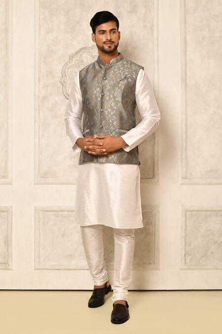 Buy Naintara Bajaj Grey Bundi Jacquard Silk Woven Floral And Straight Kurta Set at Aza Fashions Buy_Naintara Bajaj_Grey Bundi Jacquard Silk Woven Floral And Straight Kurta Set _at_Aza_Fashions