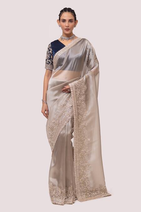 Buy Onaya Silver Organza Embroidered Tikki Round Saree With Blouse at Aza Fashions Buy_Onaya_Silver Organza Embroidered Tikki Round Saree With Blouse_at_Aza_Fashions