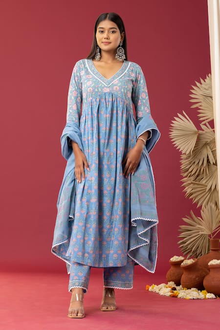 Abbaran Blue Cotton Embroidery V-neck Floral Print Anarkali Palazzo Set
