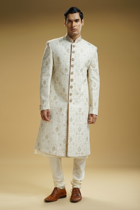 Kommal Sood Off White Silk, Cotton Embroidery Sherwani Set