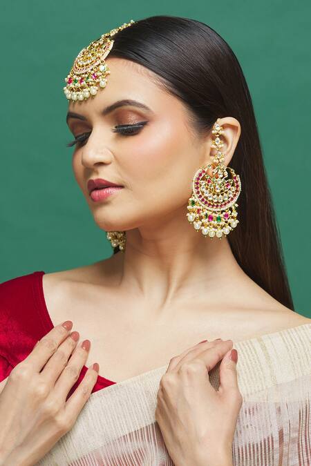 Our Purple Studio_Gold Plated Stones Embellished Earrings And Maangtikka Set _Online_at_Aza_Fashions