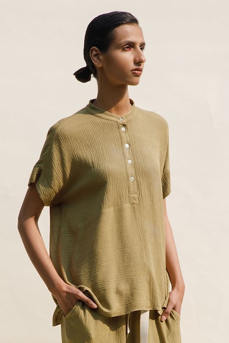 Urvashi Kaur Yellow Handloom Cotton Mandarin Collar Nova Stripe Woven Top