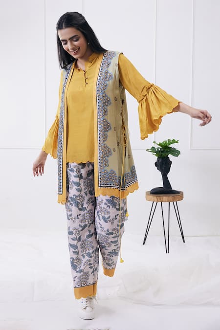Buy Yellow Cotton, Silk, Georgette Yasmin Floral Print Jacket And