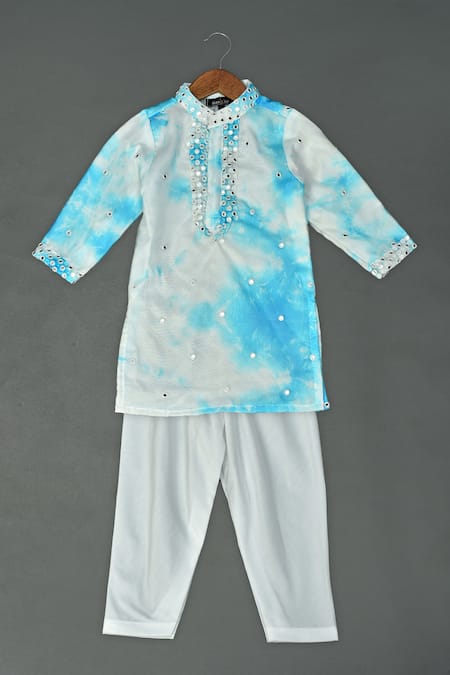 Maaikid Blue Organza, Cotton, Silk Mirrors Printed Kurta And Pyjama Set