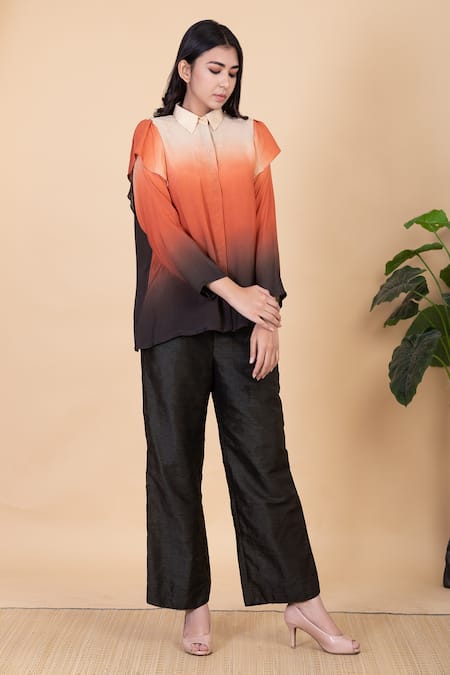 Chambray & CO. Black Silk Split V-neck Aemi Ombre Shirt And Pant Set