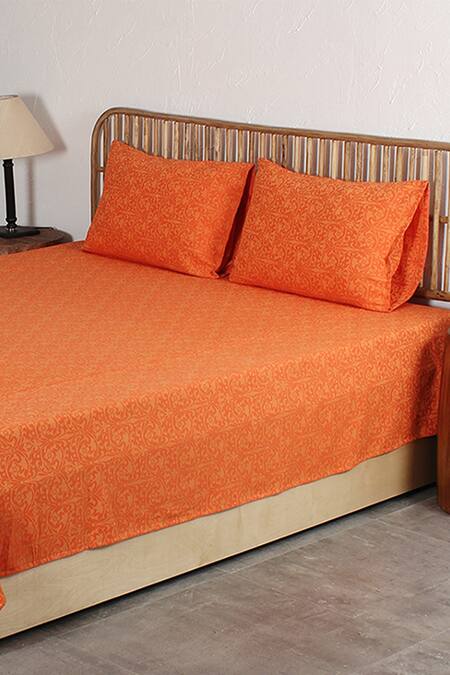 Buy Orange Cotton Printed Tana Bedcover Set by House This Online