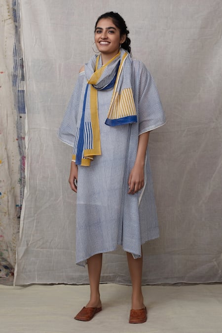 Banana Labs Multi Color Cotton Printed Stripe Asymmetric Kaftan With Stole 