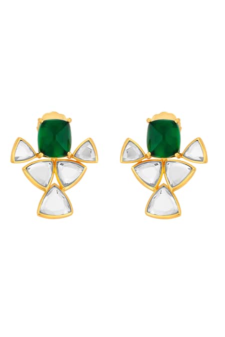 Isharya Green Cubic Zirconia Shiza Mirror And Hydro Emerald Geometric Earrings