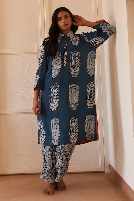 Rekha Agra Blue Cotton Crepe Printed Flora And Paisley Collared Shirt Tunic & Pant Set 