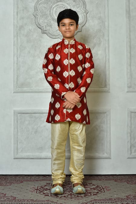 Petite Pomme Red Silk Embroidery Flora Kurta And Churidar Set