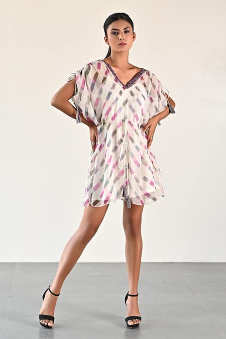 k-anshika Leheriya Pattern Draped Sleeve Dress 