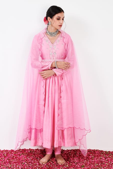 Label Flamingo By Vrinda Pink Cotton, Silk, Lycra, Organza Gota Floral Embellished Anarkali Churidar Set 