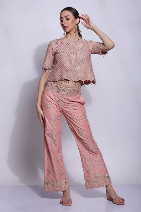 Sonali Gupta Peach 25% Silk Hand Embroidered Mughal Jaal Round Short Top And Pant Set  