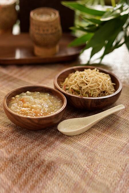 Buy Courtyard Gold Wood, Brass, Hand Ceramic Agaja Noodle And Soup Bowl Set at Aza Fashions Buy_Courtyard_Gold Wood, Brass, Hand Ceramic Agaja Noodle And Soup Bowl Set_at_Aza_Fashions