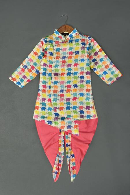 Maaikid Multi Color , Silk, Satin Elephant Print Sherwani Set 
