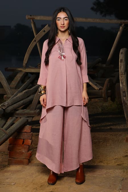 Enech Linen Collared Tunic And Flared Pant Set 