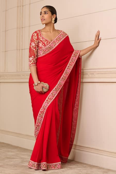 Buy Red Saree Silk Georgette Embroidered Floral Border With Blouse