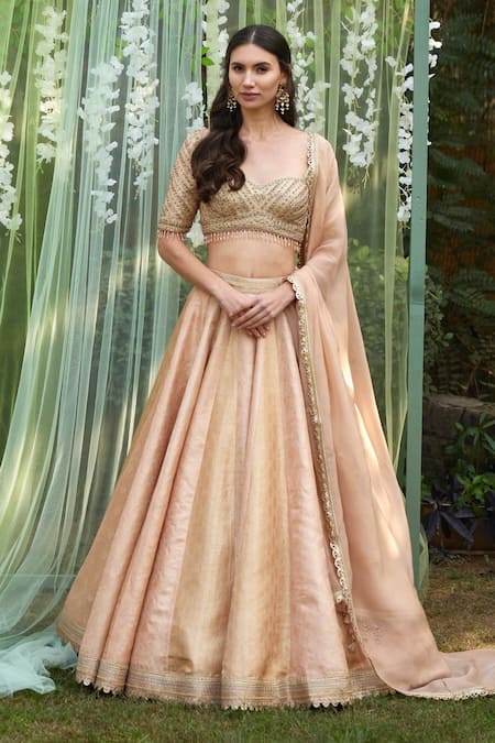 Shyam Narayan Prasad_Pink Brocade, Organza Embroidery, Zari, Floral Pattern Bridal Lehenga Set _Online_at_Aza_Fashions