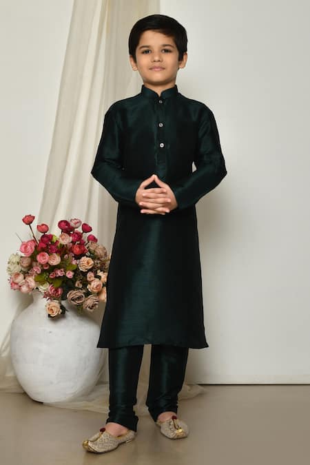 Petite Pomme Green Silk Solid Straight Kurta With Pant 