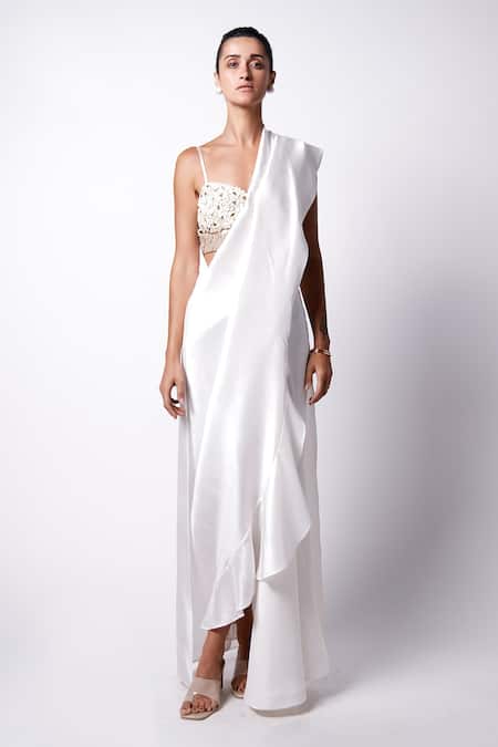 431-88 By Shweta Kapur White Silk Embroidery Shells And Pre-draped Cape Saree With Iris Bustier  