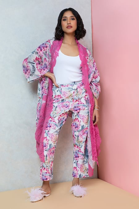 Rhe-Ana Floral Print Overlay Cape & Straight Pant Set 