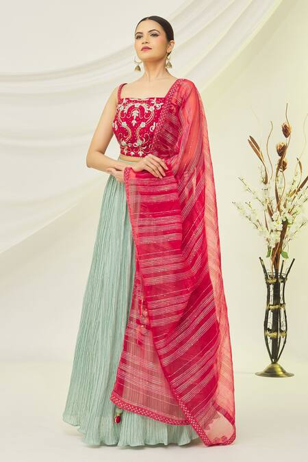 Shop_Naintara Bajaj_Blue Silk Embroidered Floral Square Neck Pleated Lehenga Set _Online_at_Aza_Fashions