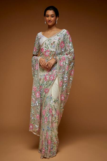 Neeta Lulla White Tulle Cutdana, Sequin, Flower Vine V Dao Embroidered Saree With Blouse