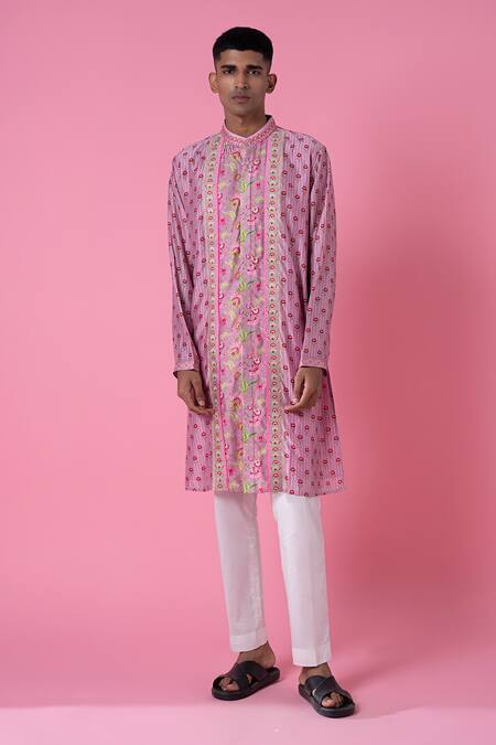 Siddhartha Bansal Purple Chanderi Printed Wild Flower Kurta Set  