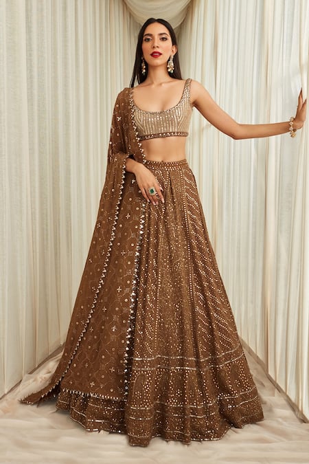 Sawan Gandhi Brown Georgette Embellished Floral Paisley Pattern Chikankari Bridal Lehenga Set 