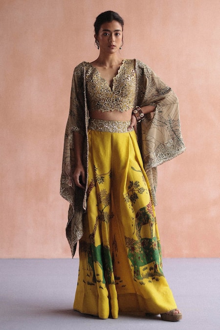 Buy Archana Jaju Yellow Silk Embroidery V-neck Tropical Hand Painted Cape Pant Set at Aza Fashions Buy_Archana Jaju_Yellow Silk Embroidery V-neck Tropical Hand Painted Cape Pant Set_at_Aza_Fashions