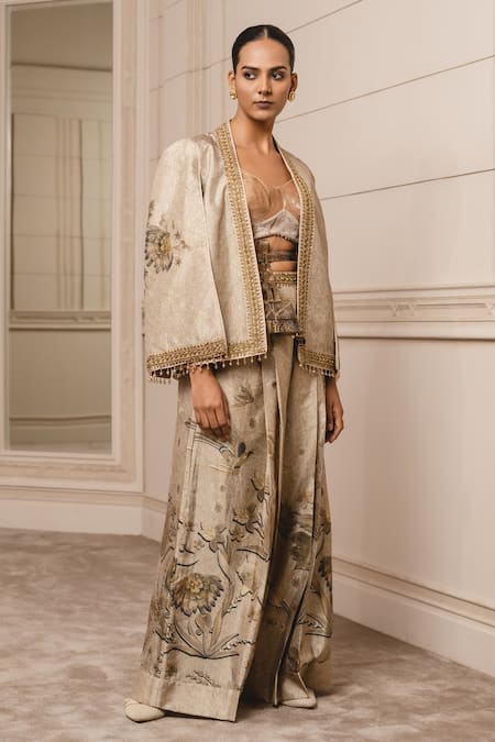 Tarun Tahiliani Floral Print Jacket & Wide Leg Trouser Set 