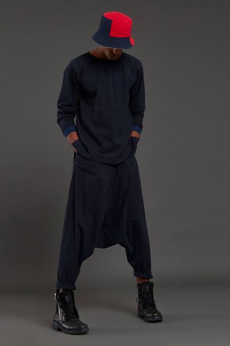 Buy MATI Blue 100% Cotton Plain Drop Crotch Pant at Aza Fashions Buy_MATI_Blue 100% Cotton Plain Drop Crotch Pant_at_Aza_Fashions