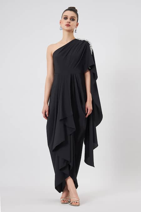 Aakaar Black Moss Crepe Plain Crystal One Shoulder Draped Gown 