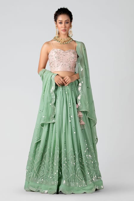 Suruchi Parakh Green Georgette Embroidery Sequin Sweetheart Neck Mirror Lehenga Set 