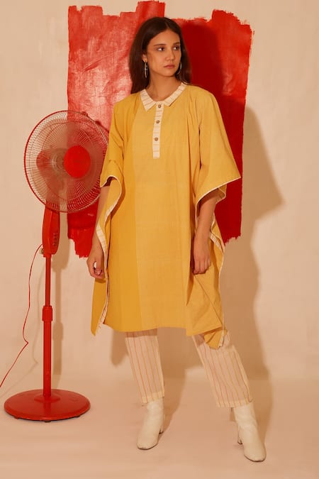 Banana Labs Orange Cotton Collared Golden Hour Striped Print Kaftan And Pant Set 