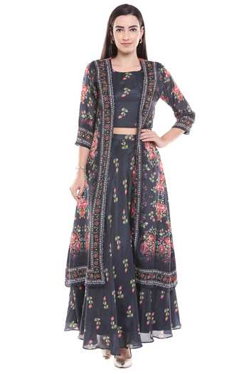 Soup By Sougat Paul_Blue Cotton Silk Round Printed Jacket Skirt Set _Online_at_Aza_Fashions